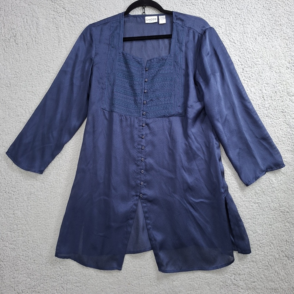 Chicos Womens Size 1 Silk Sheer Button Up Embroidered Striped Navy Tunic Blouse